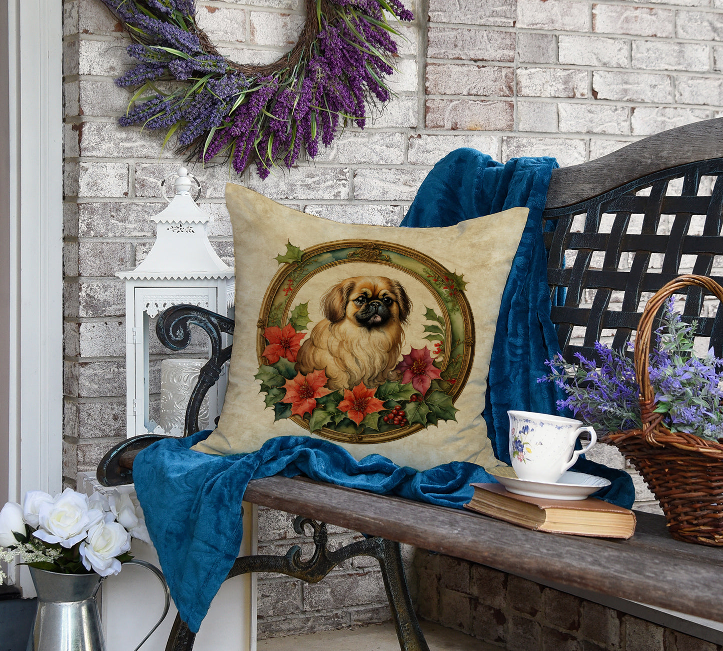 Pekingese Christmas Flowers Throw Pillow