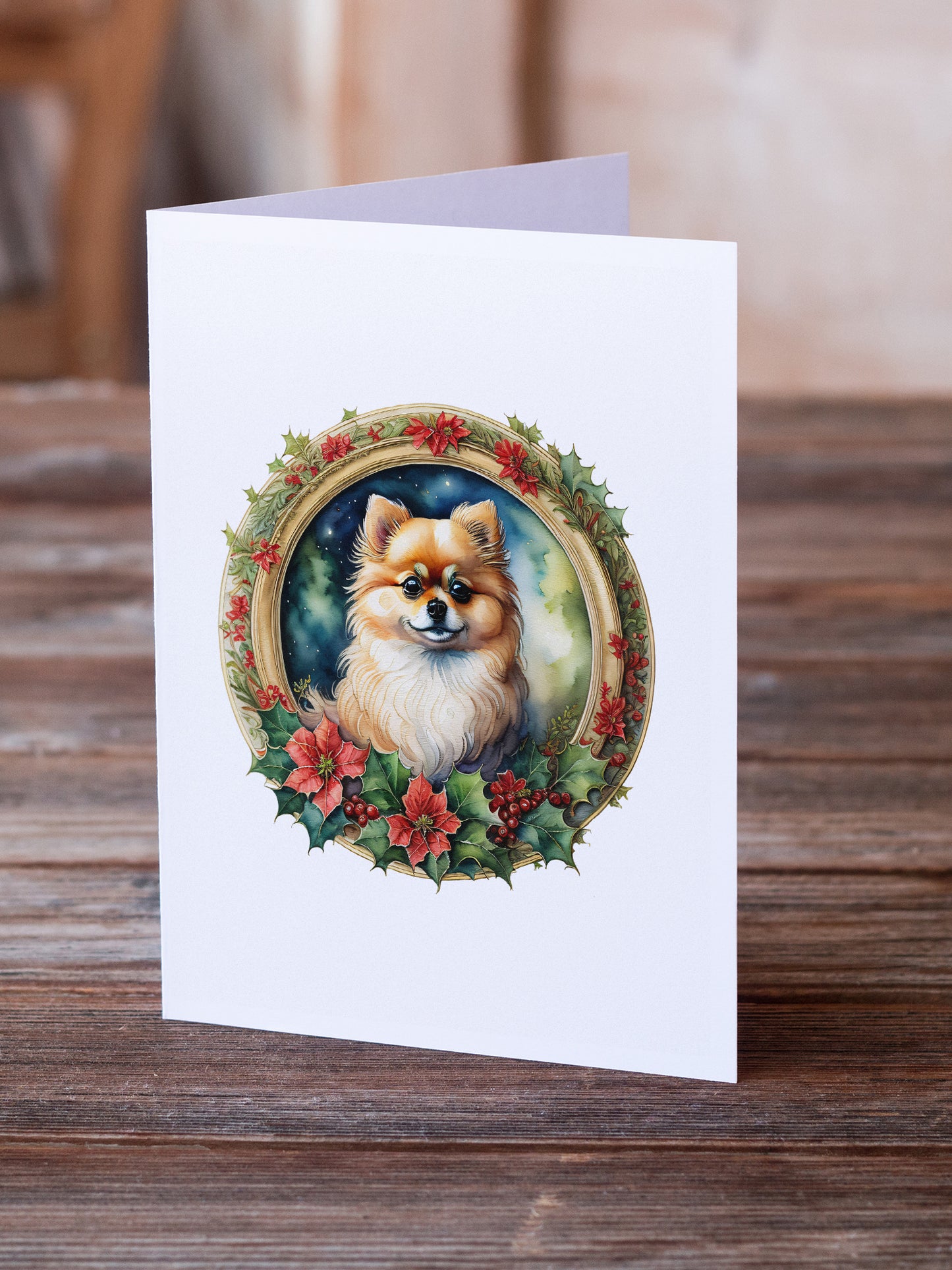 Pomeranian Christmas Flowers Greeting Cards Pack of 8