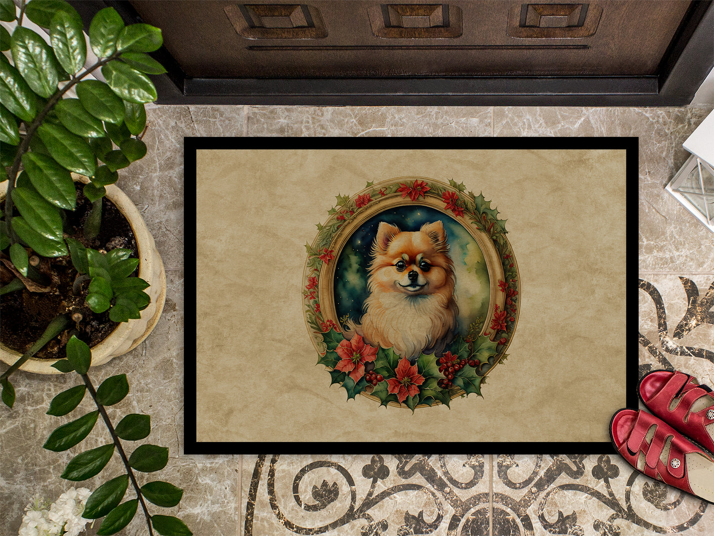 Pomeranian Christmas Flowers Doormat