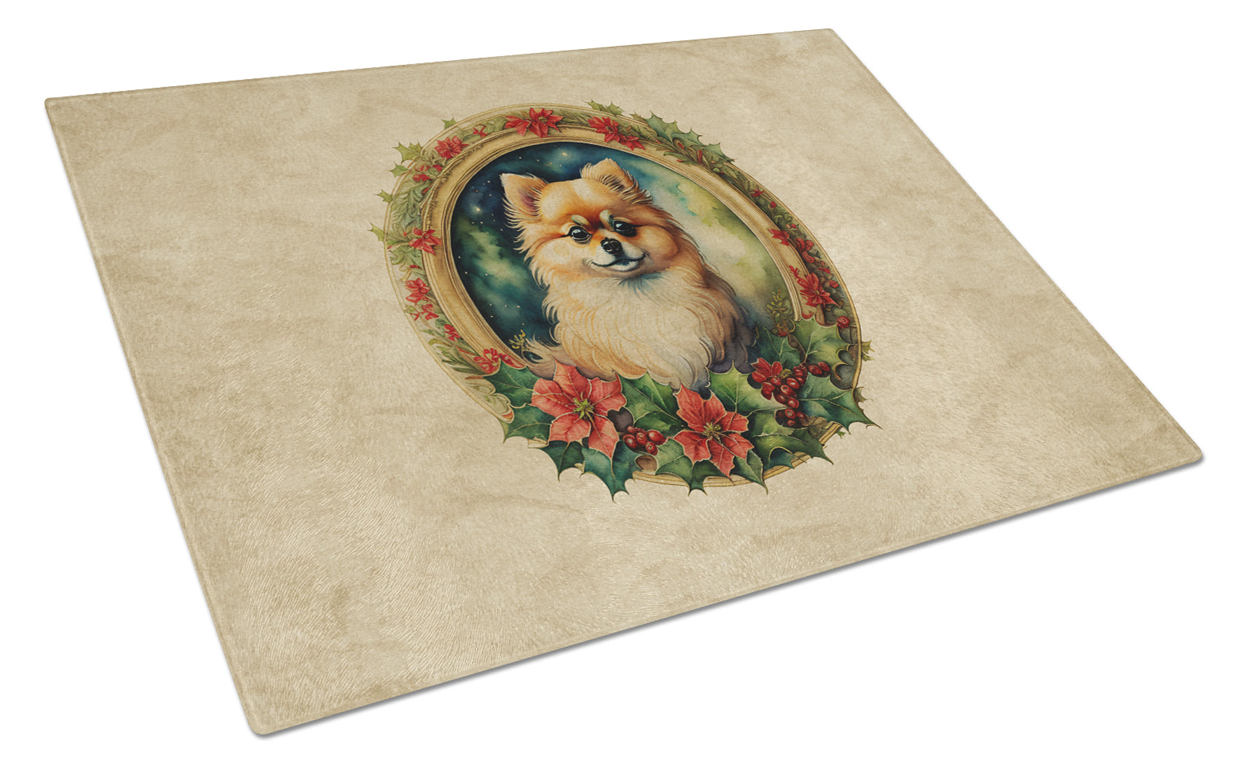 Buy this Pomeranian Christmas Flowers Glass Cutting Board