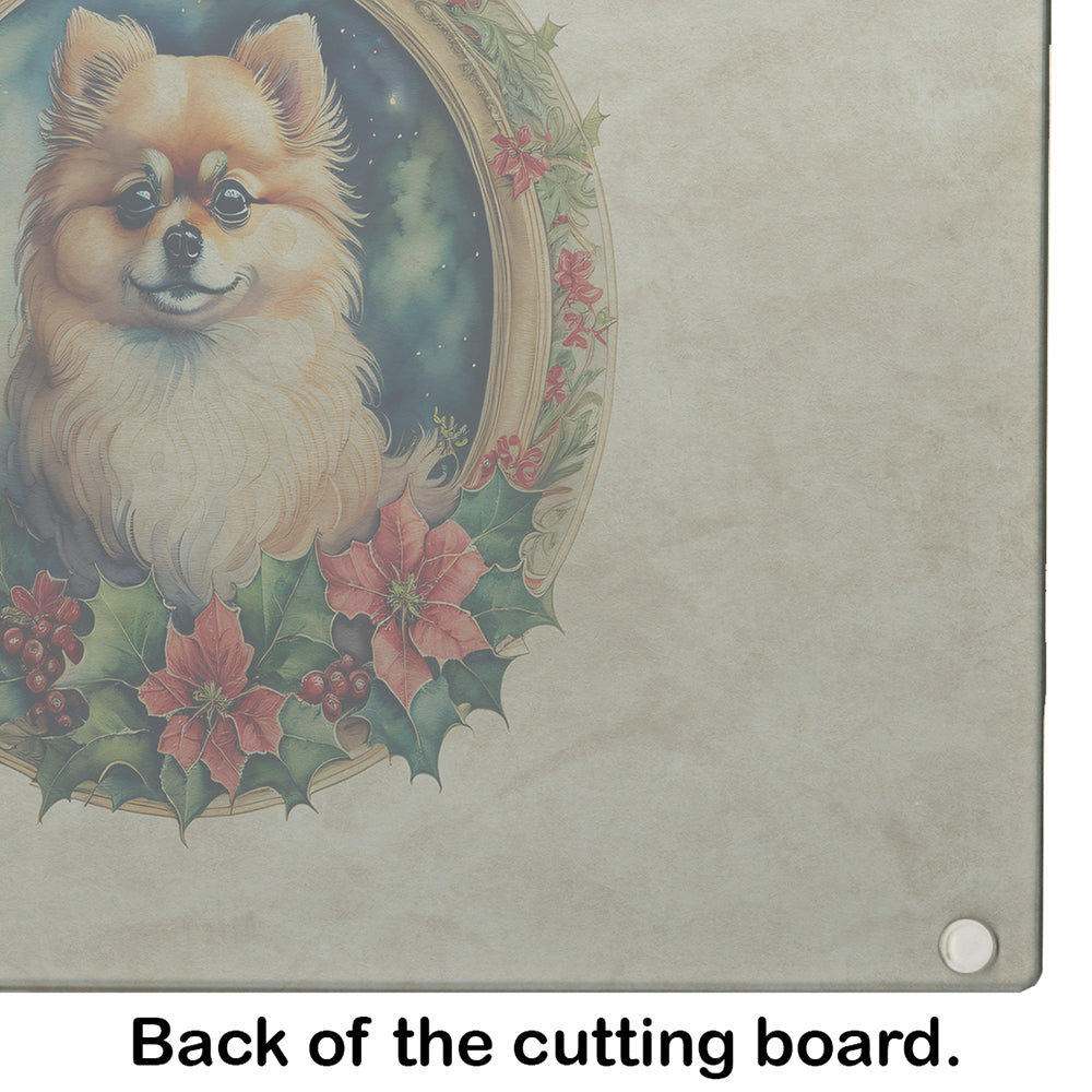 Pomeranian Christmas Flowers Glass Cutting Board