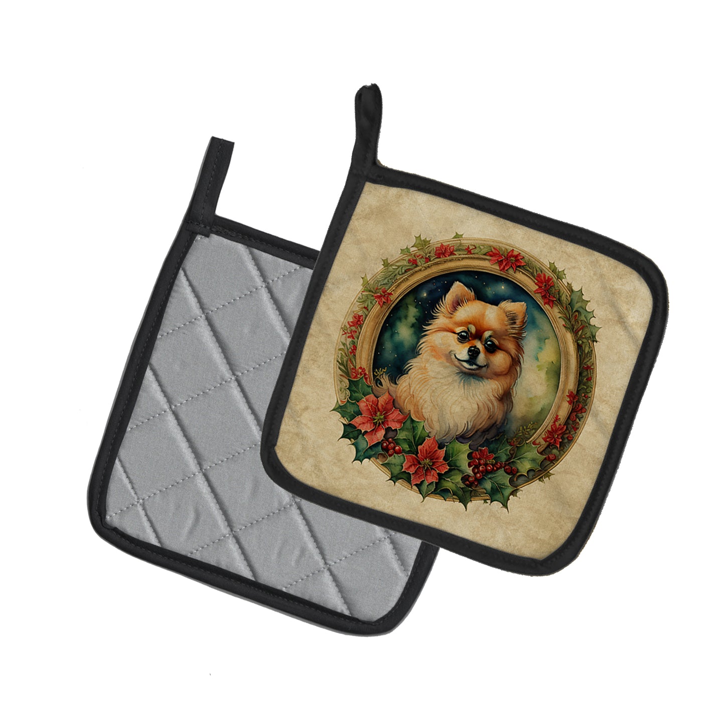 Pomeranian Christmas Flowers Pair of Pot Holders