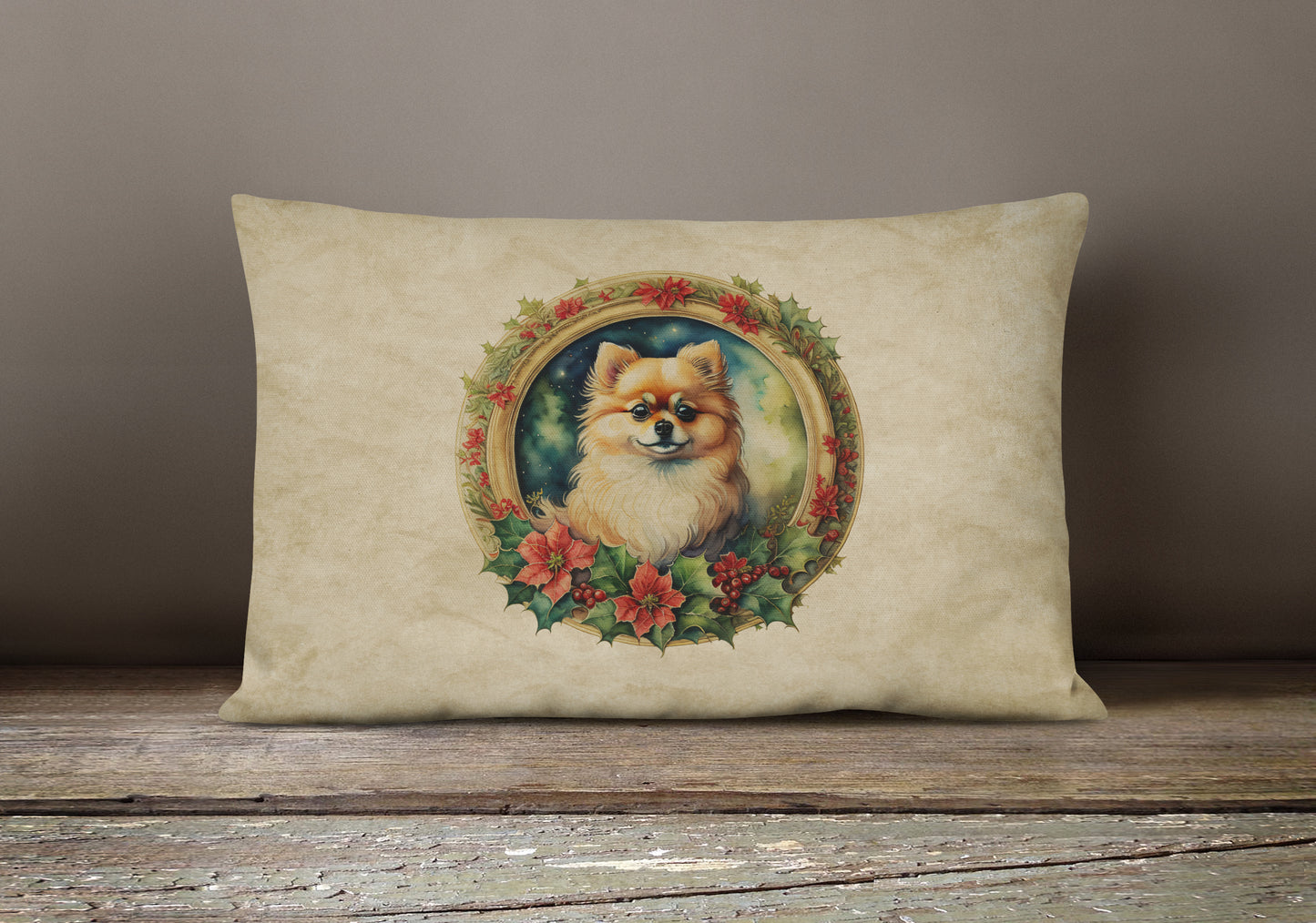 Pomeranian Christmas Flowers Throw Pillow