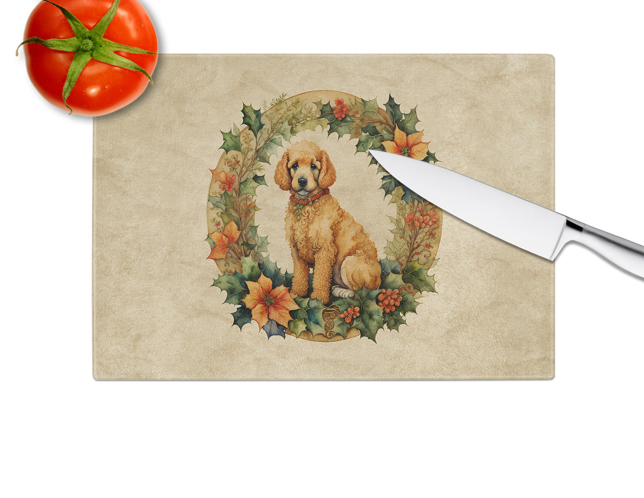 Poodle Christmas Flowers Glass Cutting Board