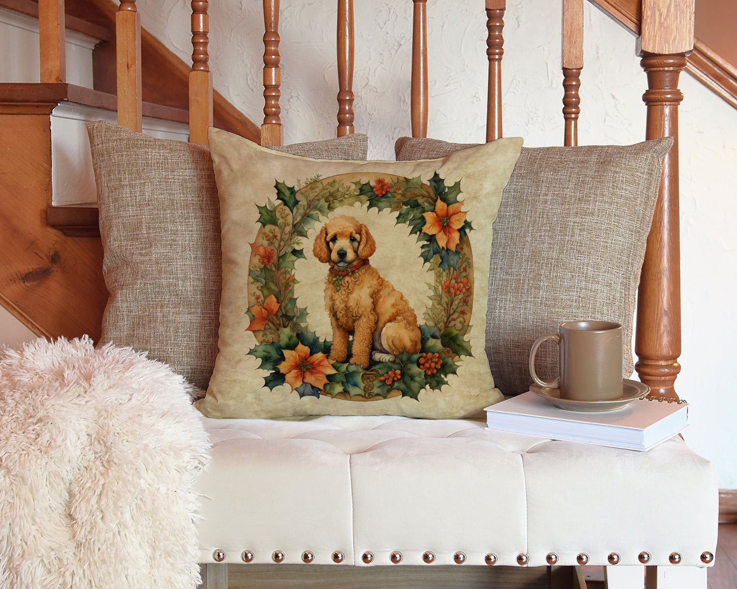 Poodle Christmas Flowers Throw Pillow