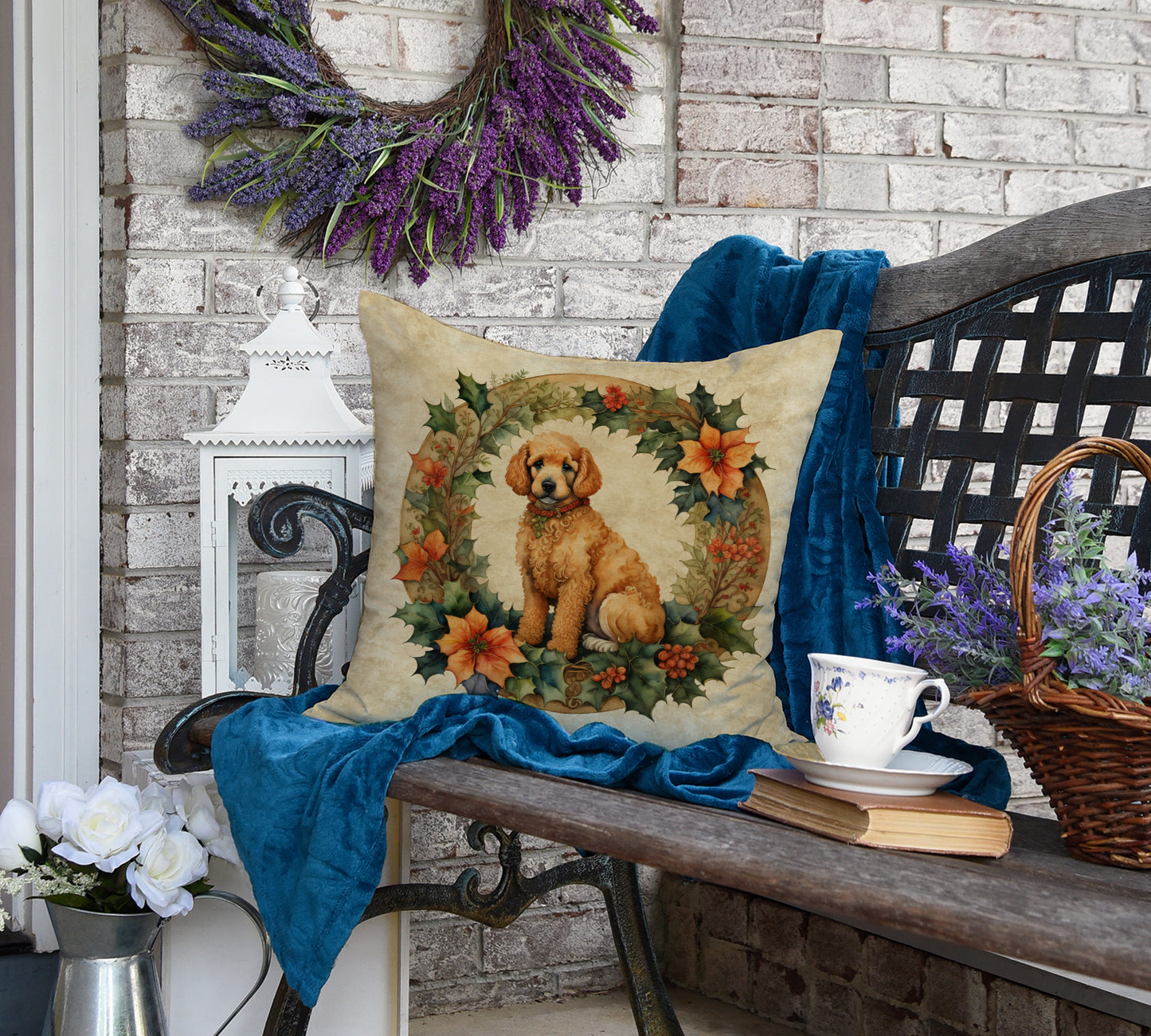 Poodle Christmas Flowers Throw Pillow