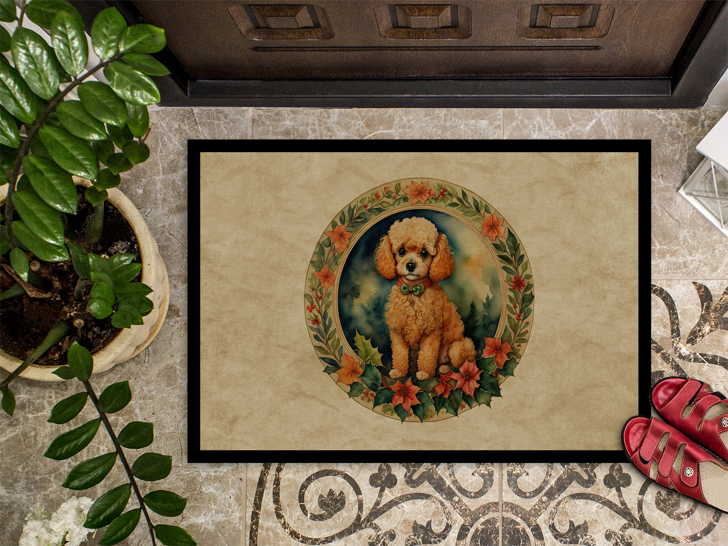 Poodle Christmas Flowers Doormat