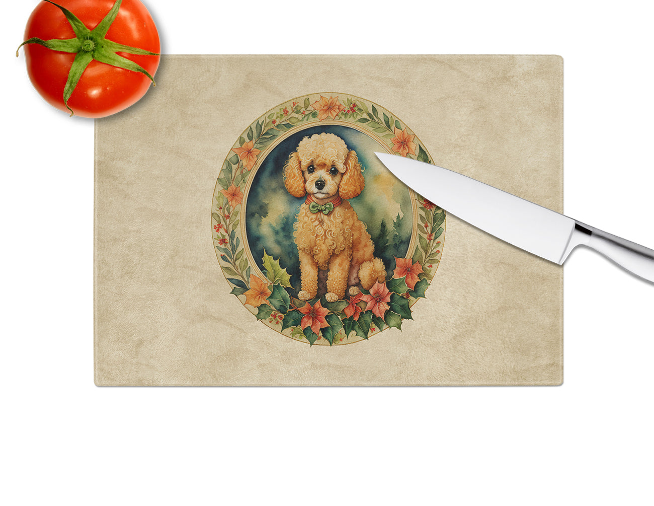 Poodle Christmas Flowers Glass Cutting Board