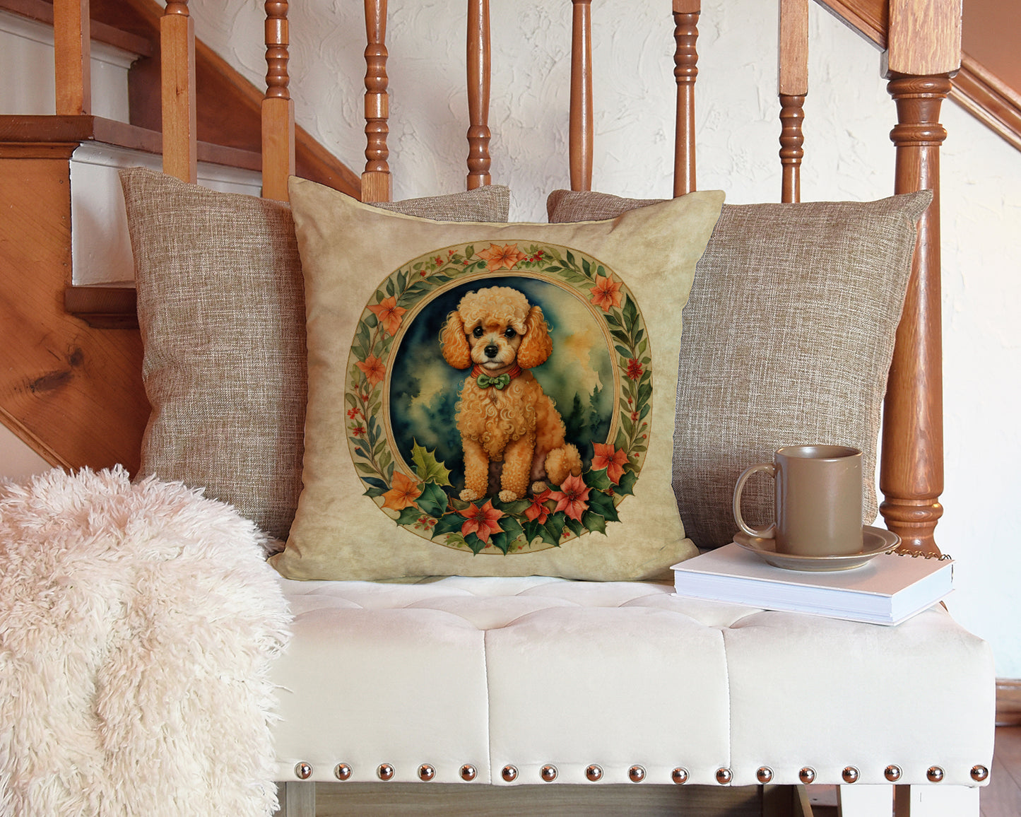 Poodle Christmas Flowers Throw Pillow