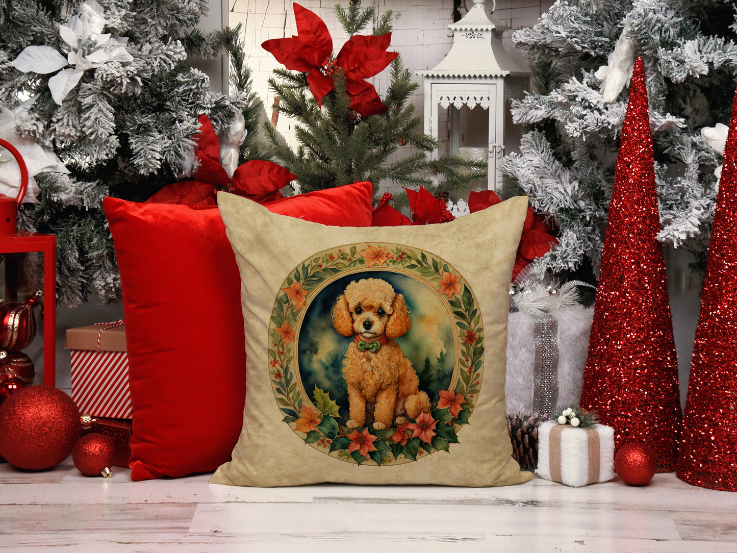 Poodle Christmas Flowers Throw Pillow