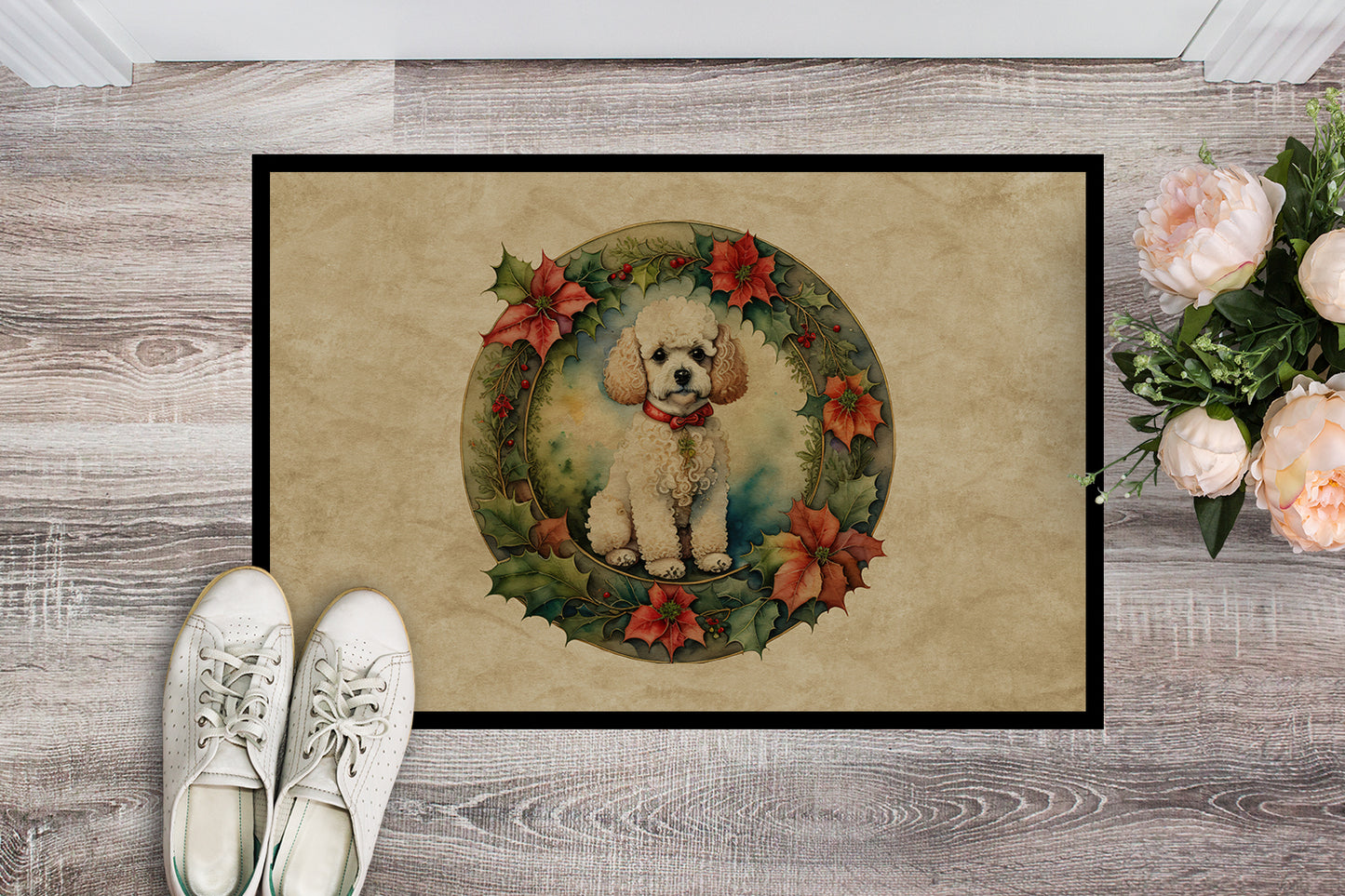 Poodle Christmas Flowers Doormat