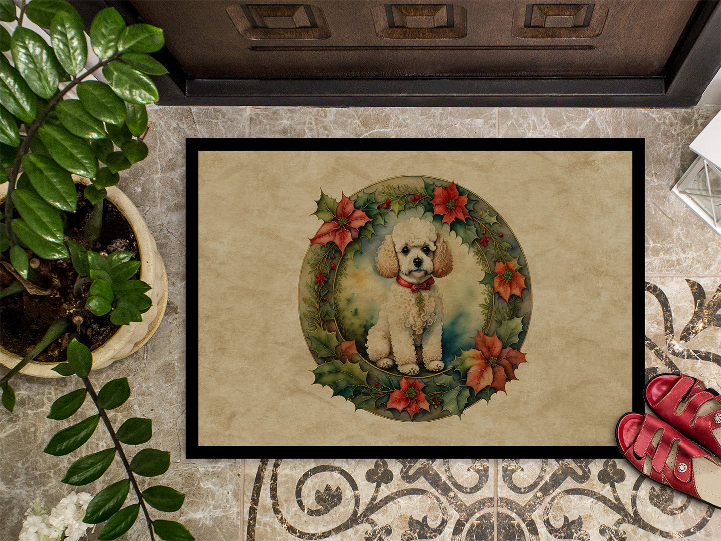 Poodle Christmas Flowers Doormat