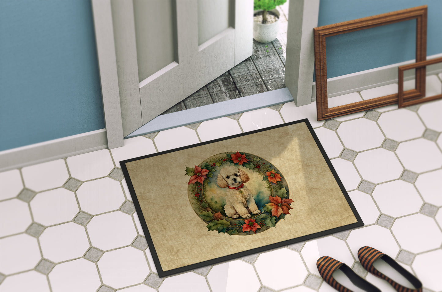 Poodle Christmas Flowers Doormat