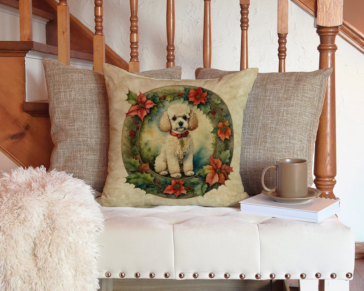 Poodle Christmas Flowers Throw Pillow