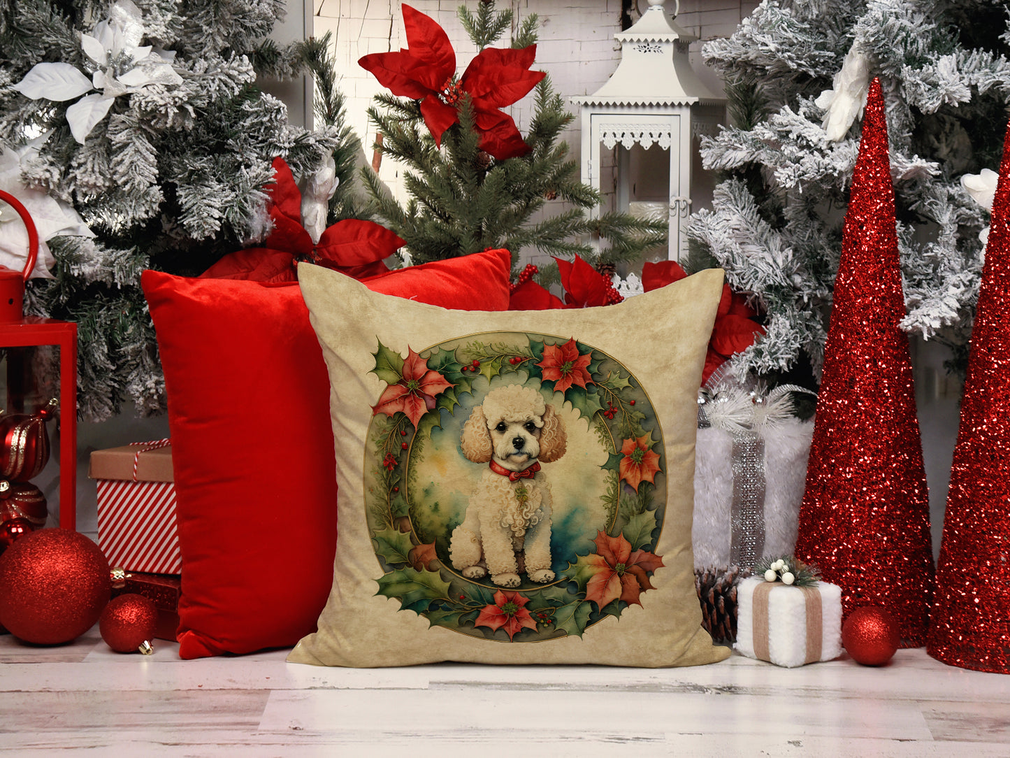 Poodle Christmas Flowers Throw Pillow