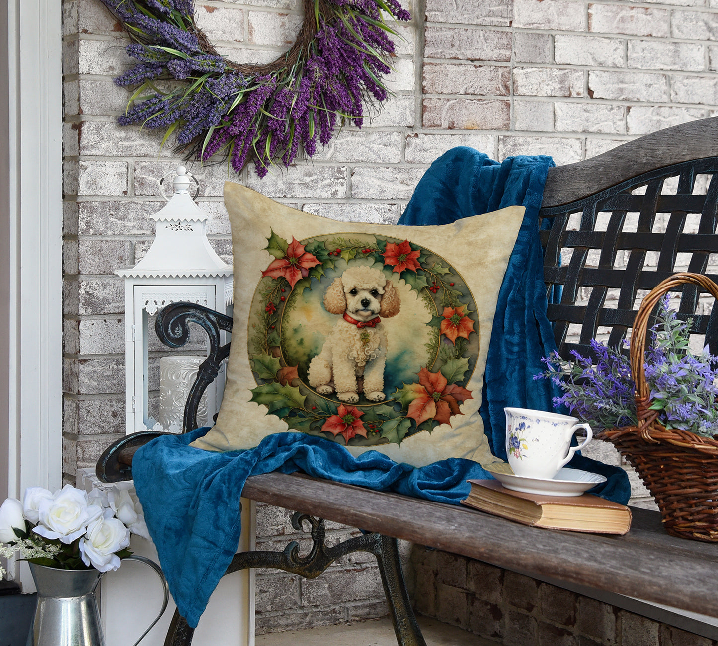 Poodle Christmas Flowers Throw Pillow