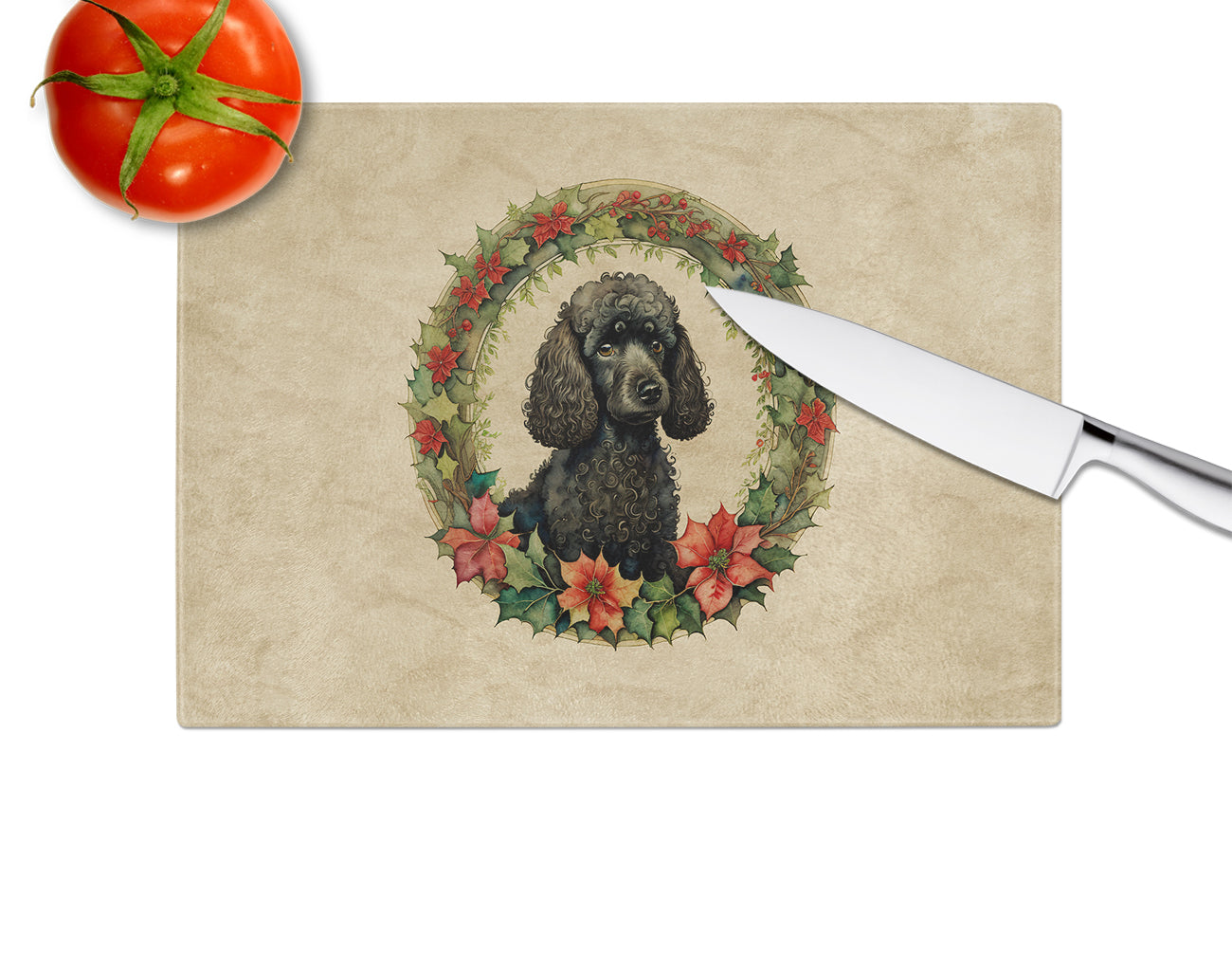 Poodle Christmas Flowers Glass Cutting Board