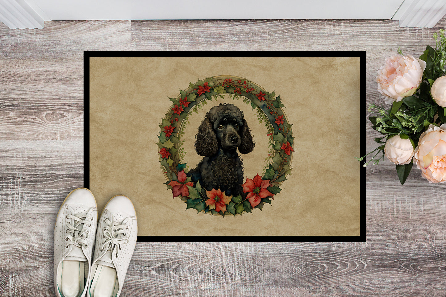 Poodle Christmas Flowers Doormat