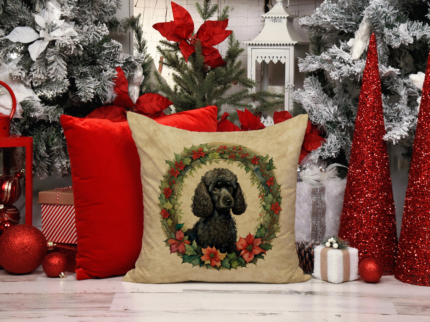 Poodle Christmas Flowers Throw Pillow