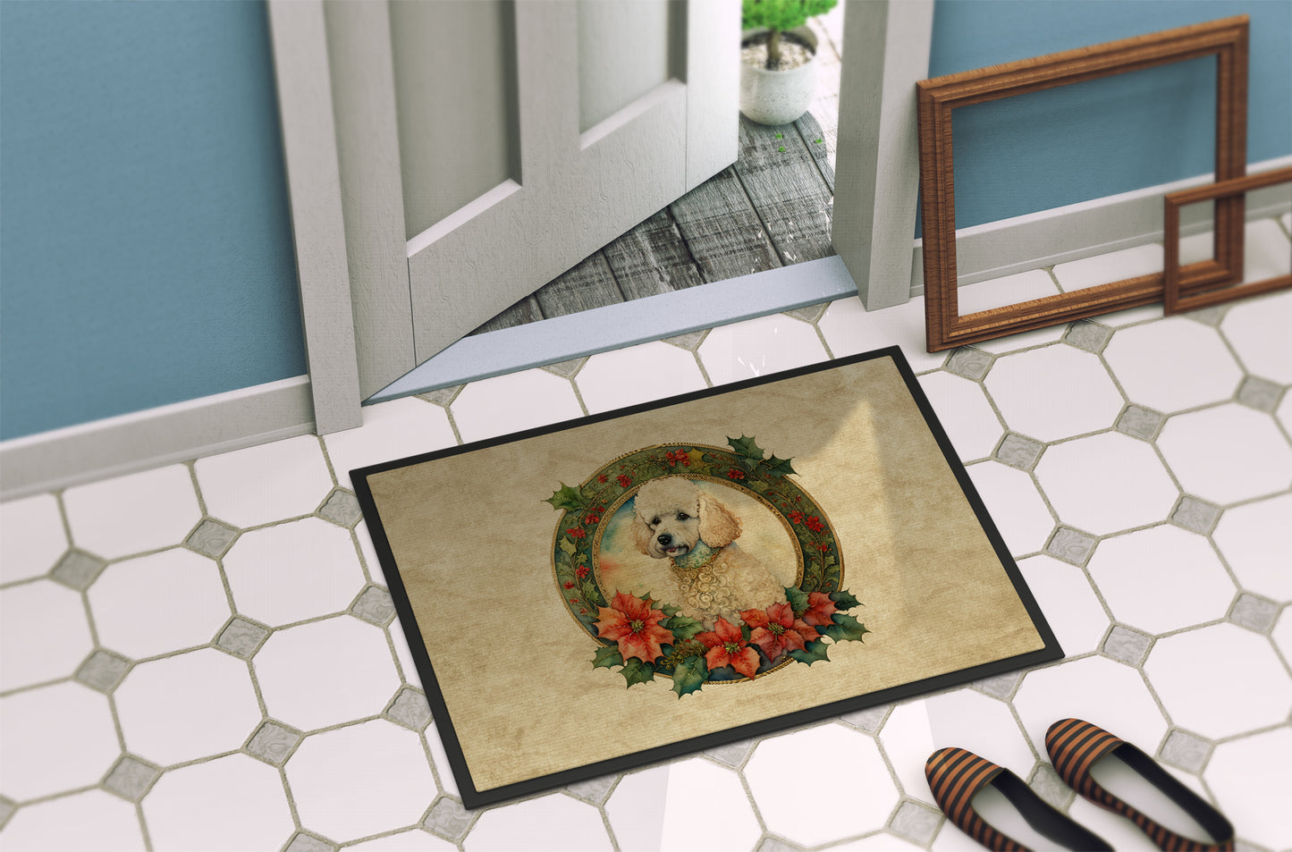 Poodle Christmas Flowers Doormat