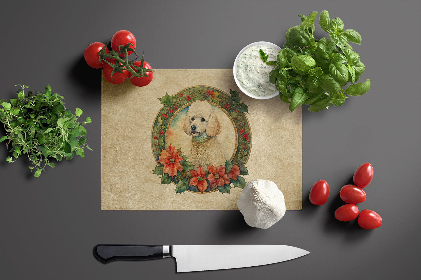 Poodle Christmas Flowers Glass Cutting Board