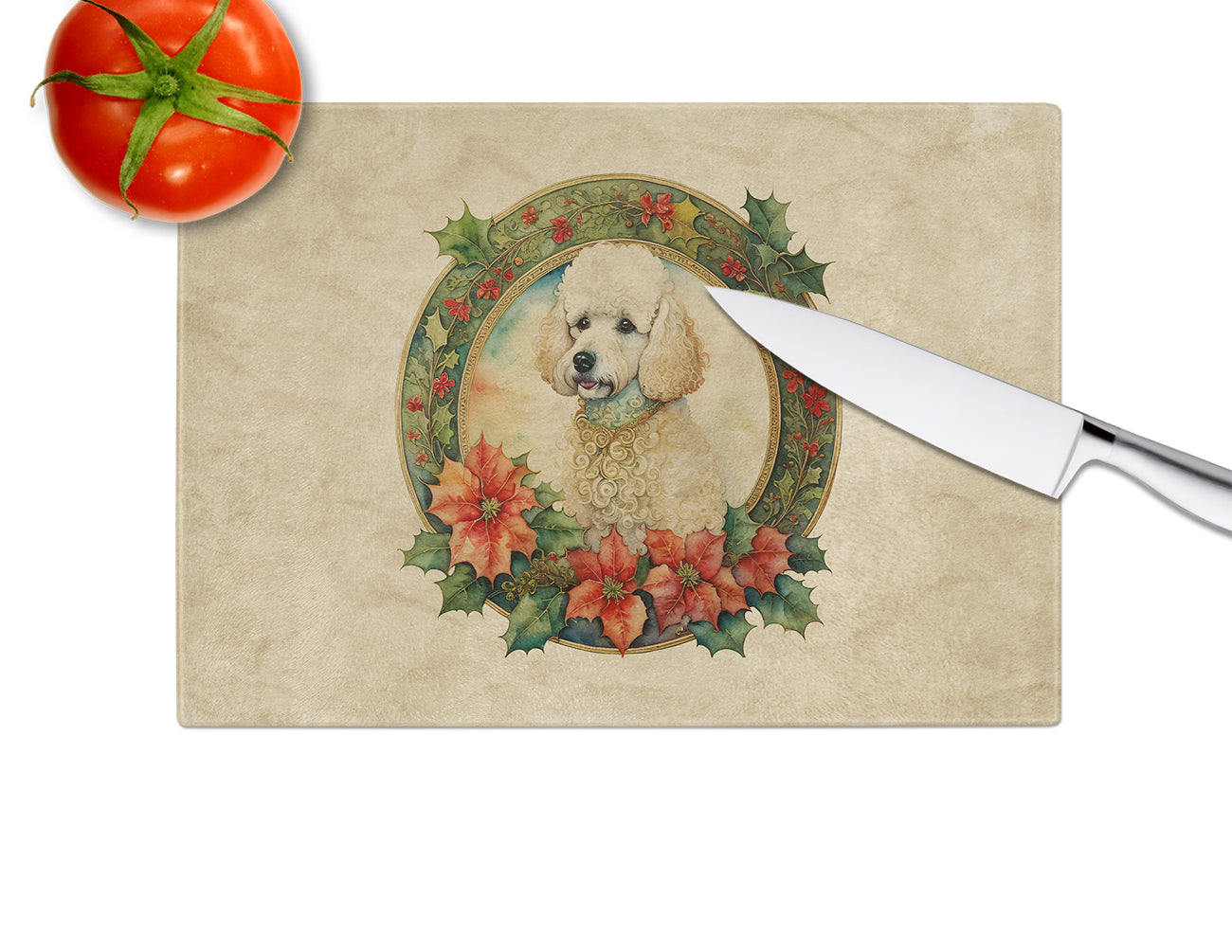 Poodle Christmas Flowers Glass Cutting Board