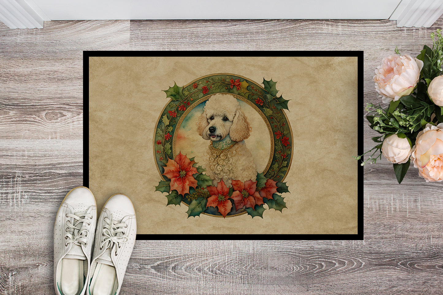 Poodle Christmas Flowers Doormat