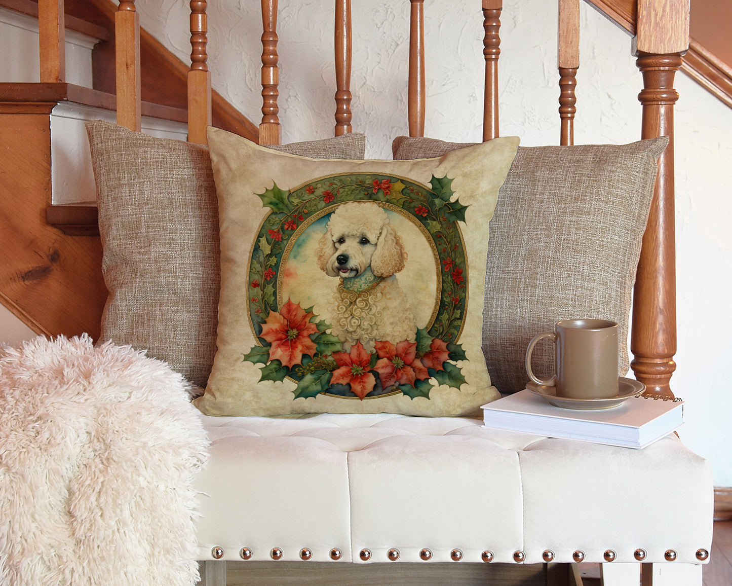 Poodle Christmas Flowers Throw Pillow