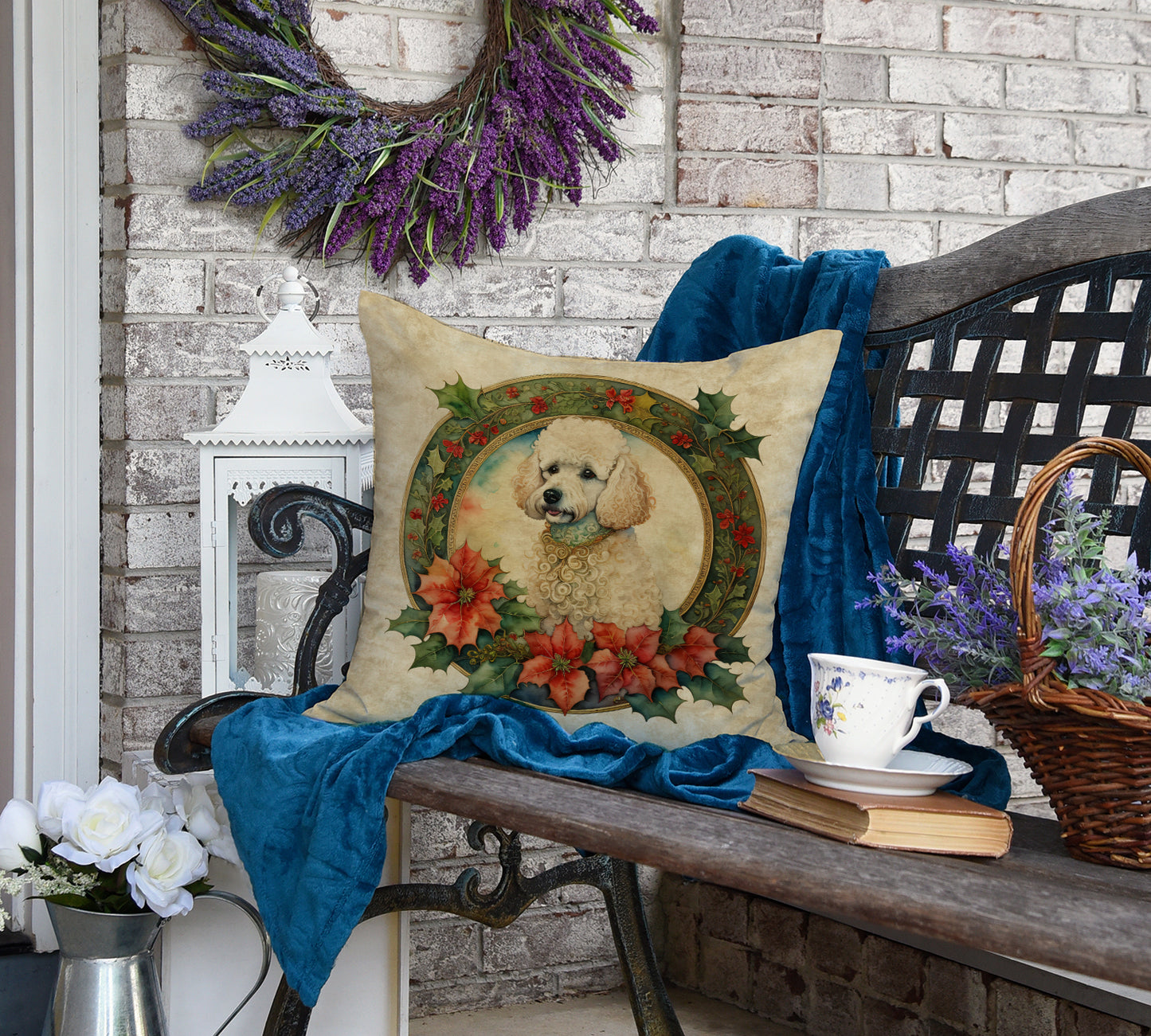 Poodle Christmas Flowers Throw Pillow