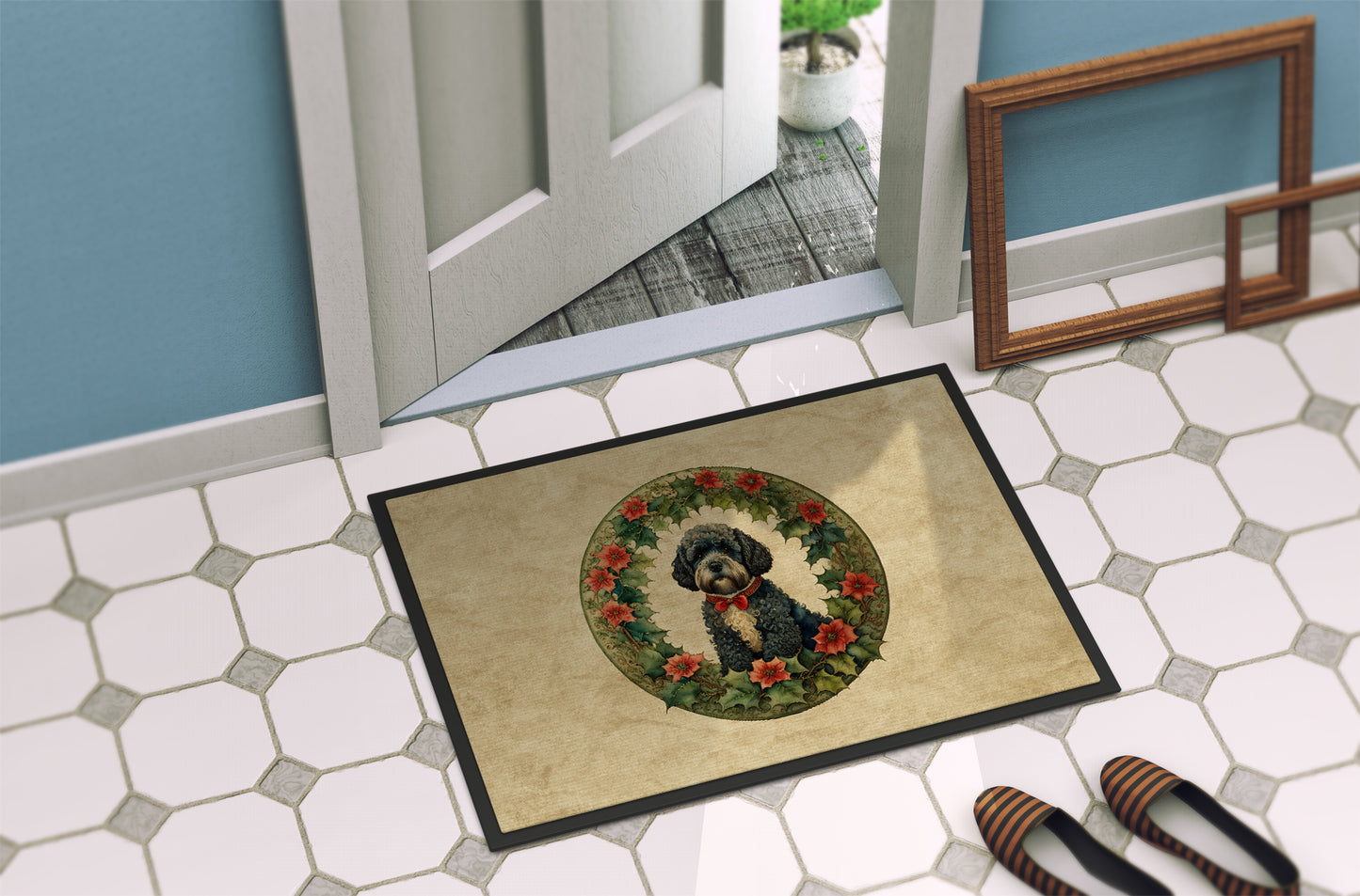 Portuguese Water Dog Christmas Flowers Doormat