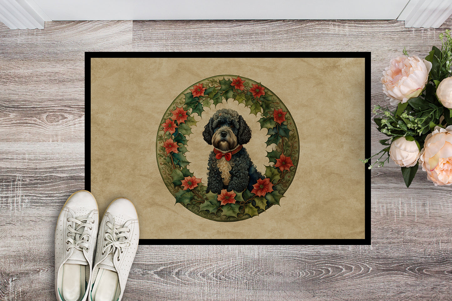 Portuguese Water Dog Christmas Flowers Doormat