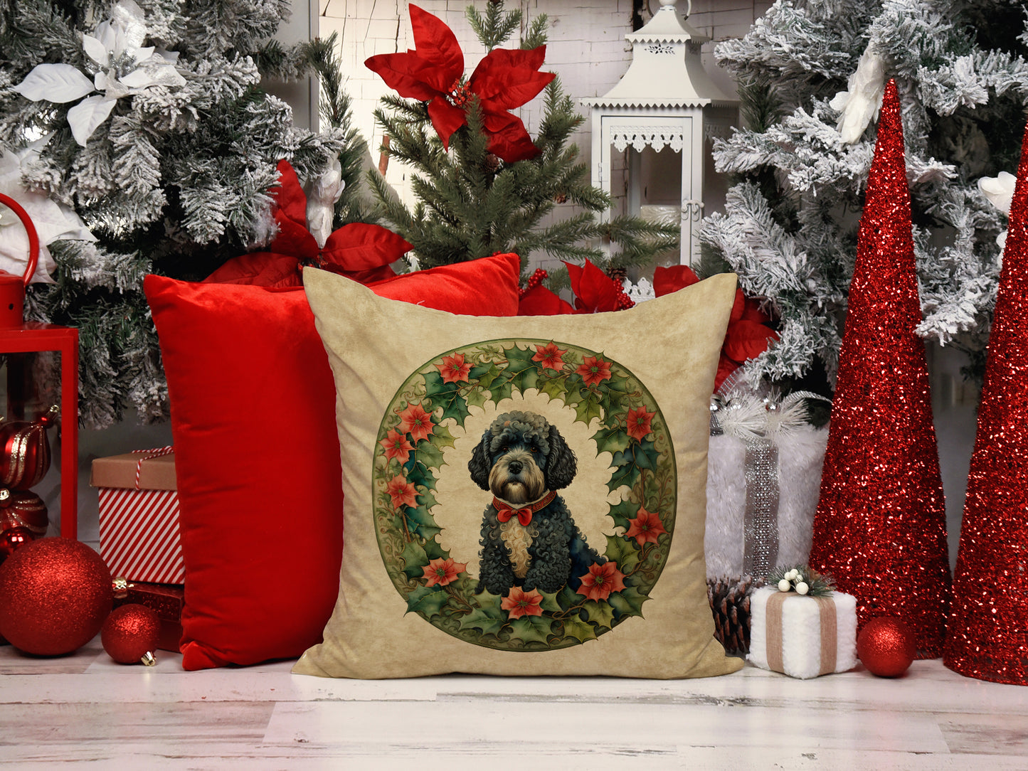 Portuguese Water Dog Christmas Flowers Throw Pillow