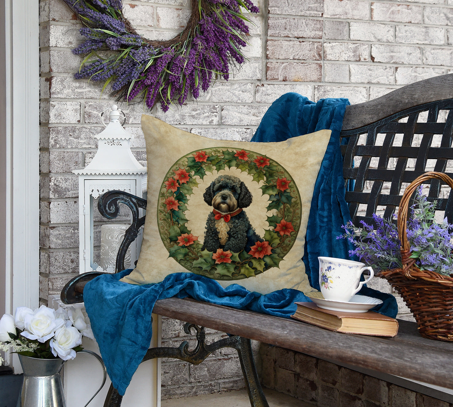 Portuguese Water Dog Christmas Flowers Throw Pillow