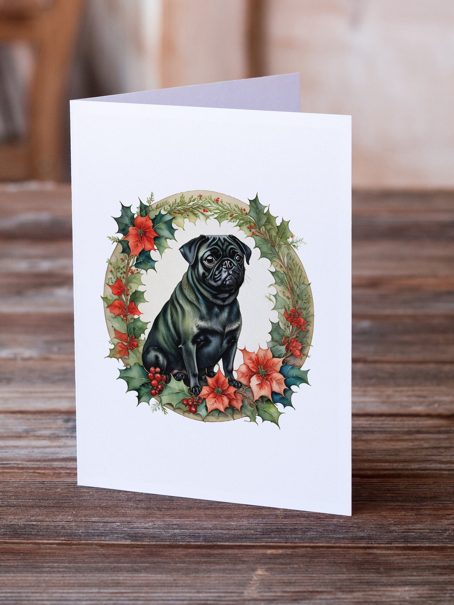 Pug Christmas Flowers Greeting Cards Pack of 8