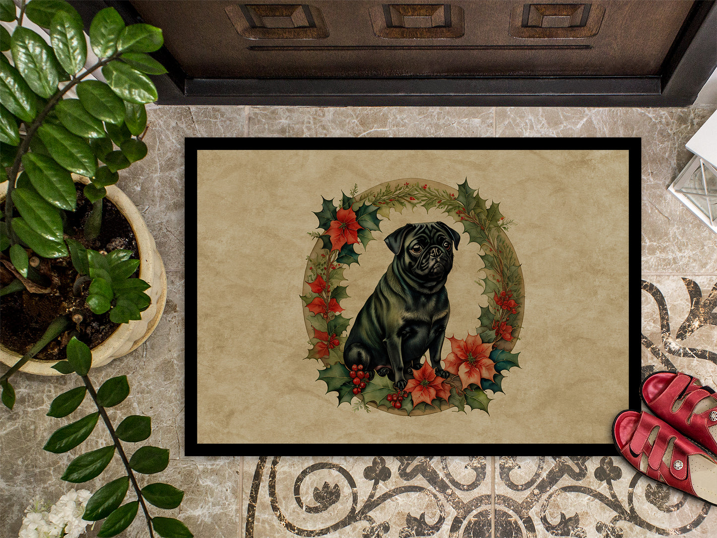 Pug Christmas Flowers Doormat