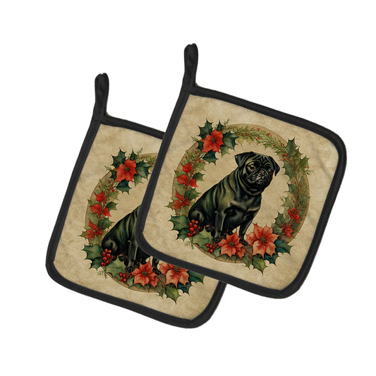 Buy this Pug Christmas Flowers Pair of Pot Holders