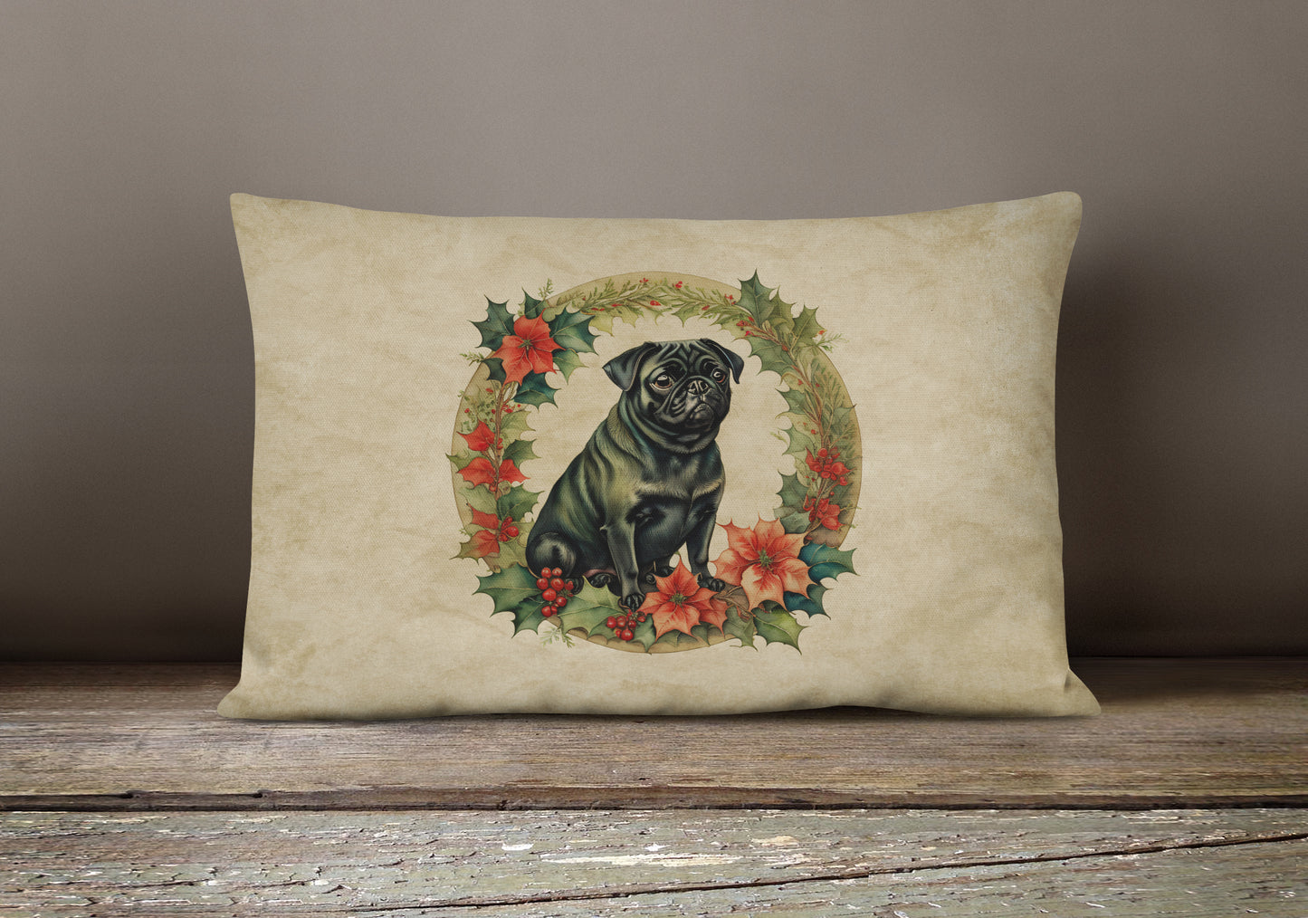 Pug Christmas Flowers Throw Pillow