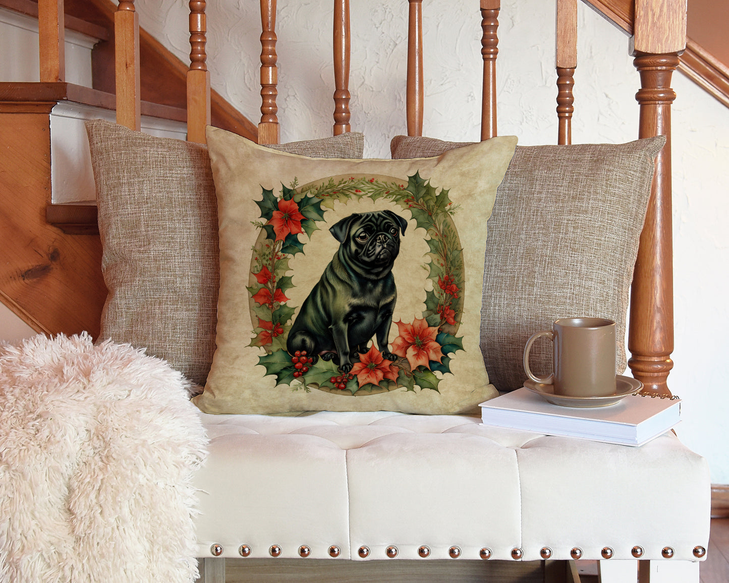 Pug Christmas Flowers Throw Pillow