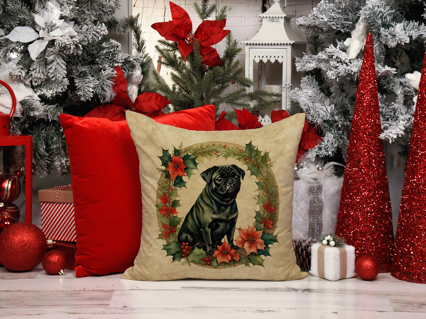 Pug Christmas Flowers Throw Pillow