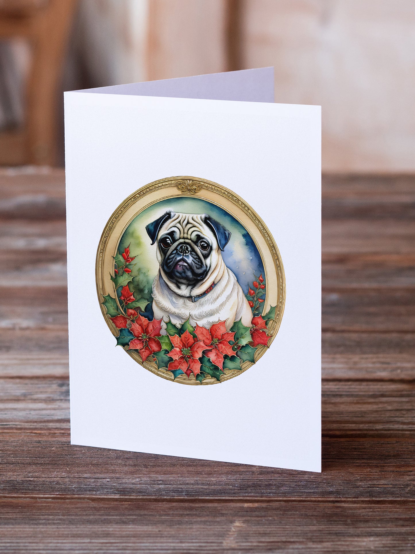 Pug Christmas Flowers Greeting Cards Pack of 8