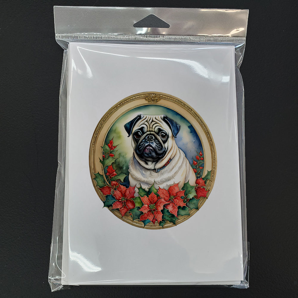 Pug Christmas Flowers Greeting Cards Pack of 8