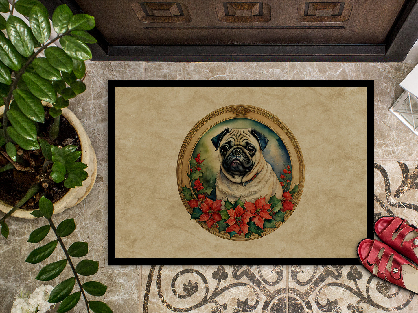 Pug Christmas Flowers Doormat