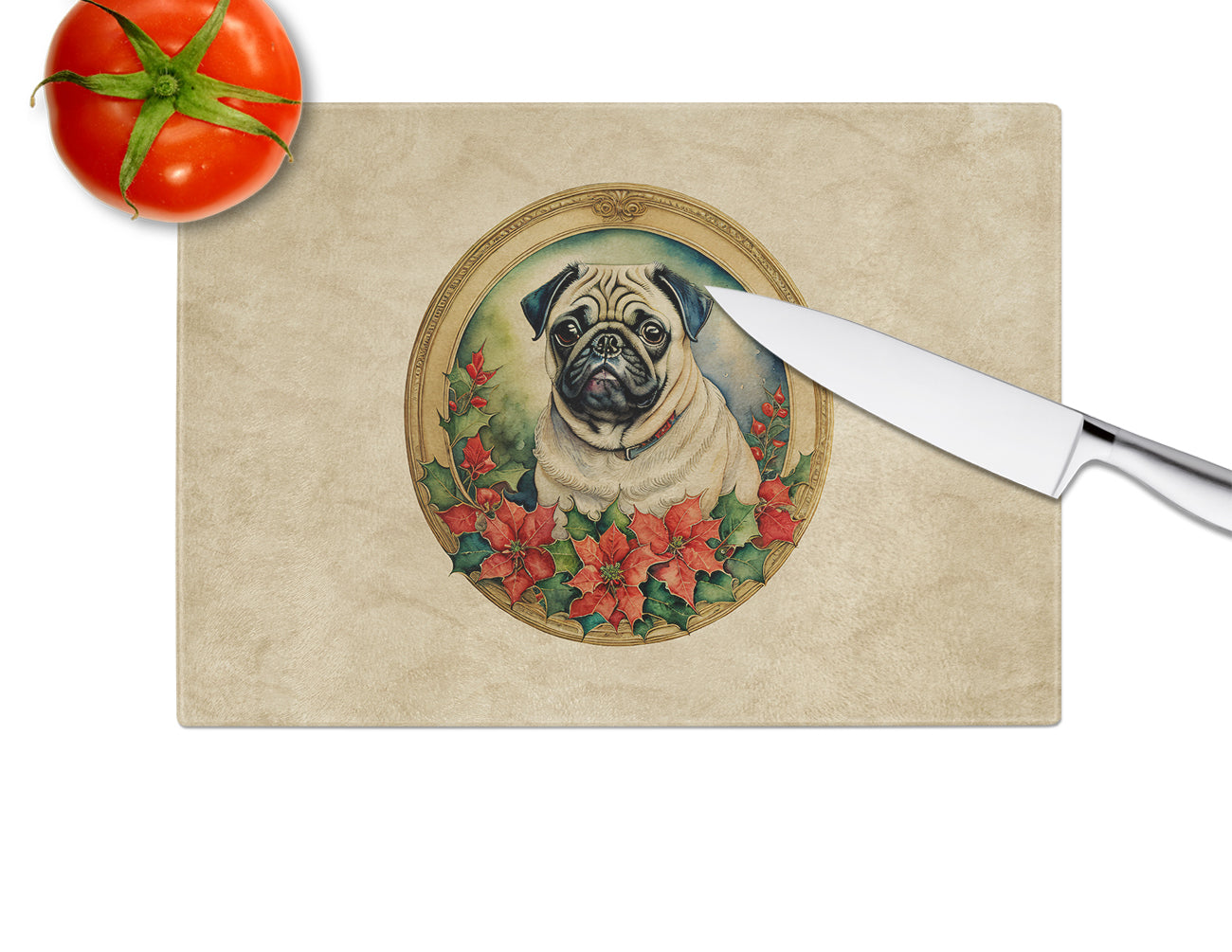 Pug Christmas Flowers Glass Cutting Board