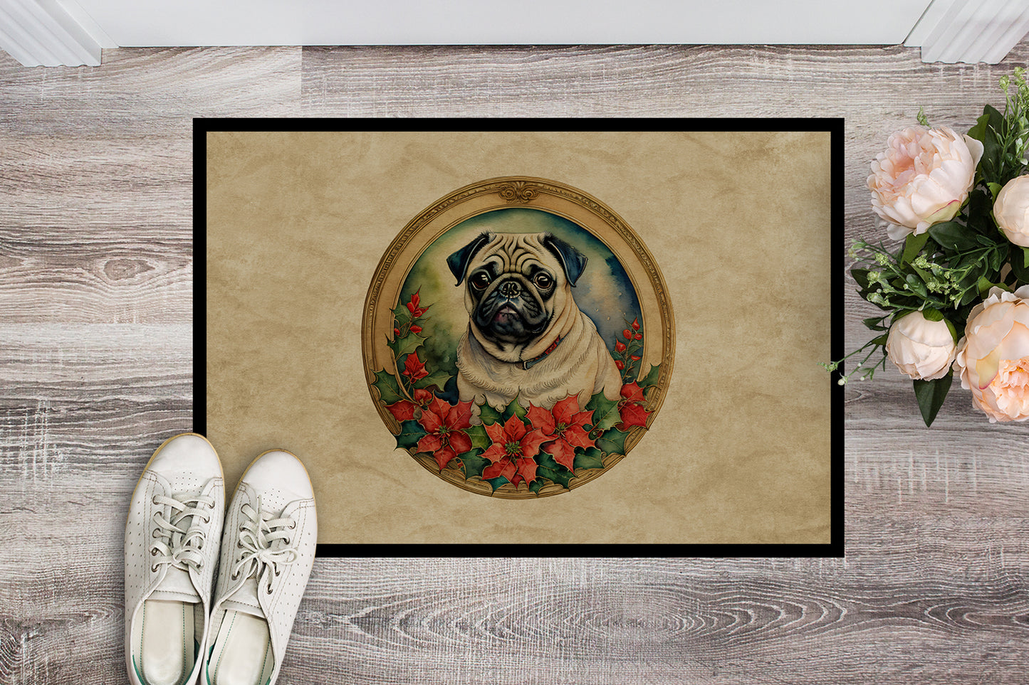 Pug Christmas Flowers Doormat