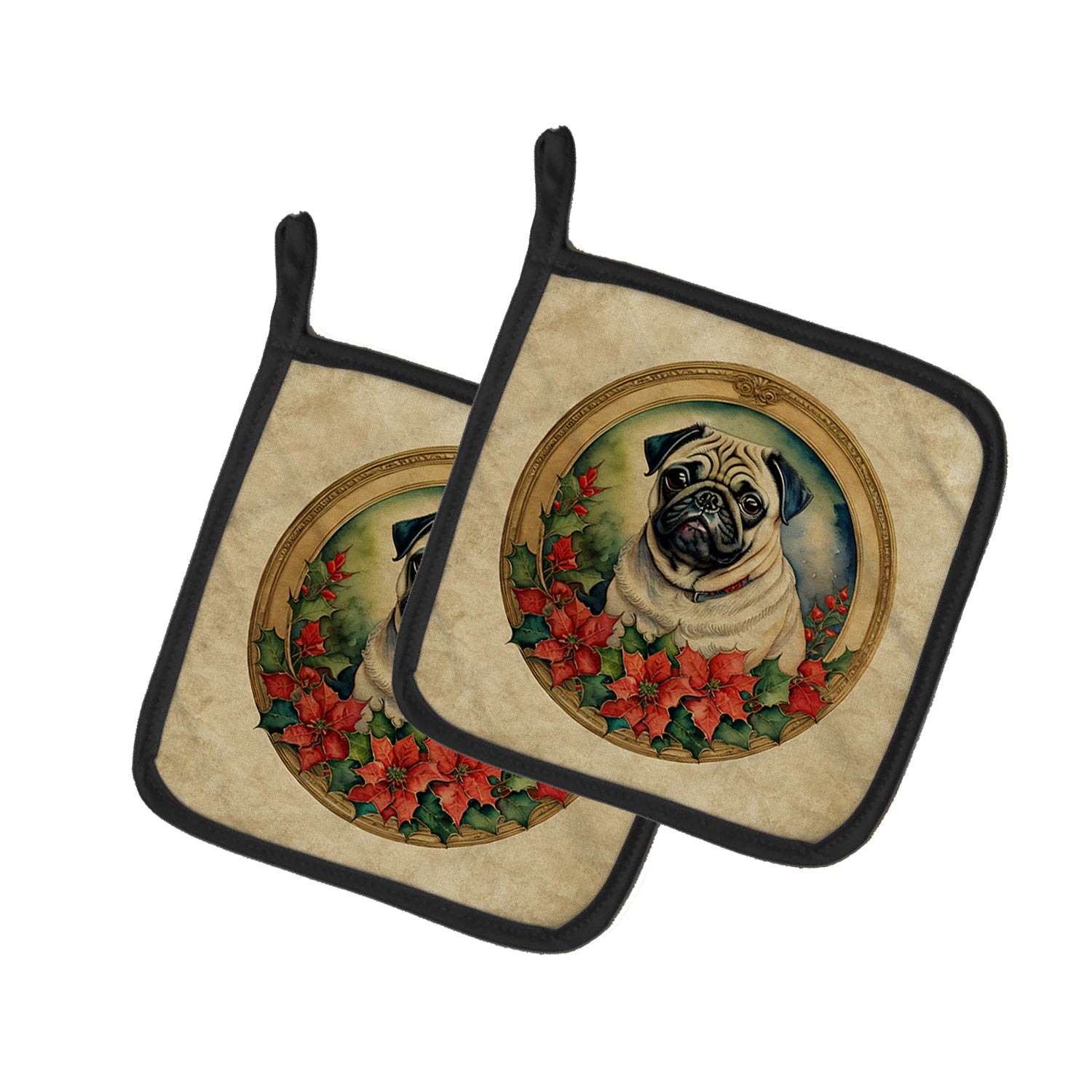 Buy this Pug Christmas Flowers Pair of Pot Holders