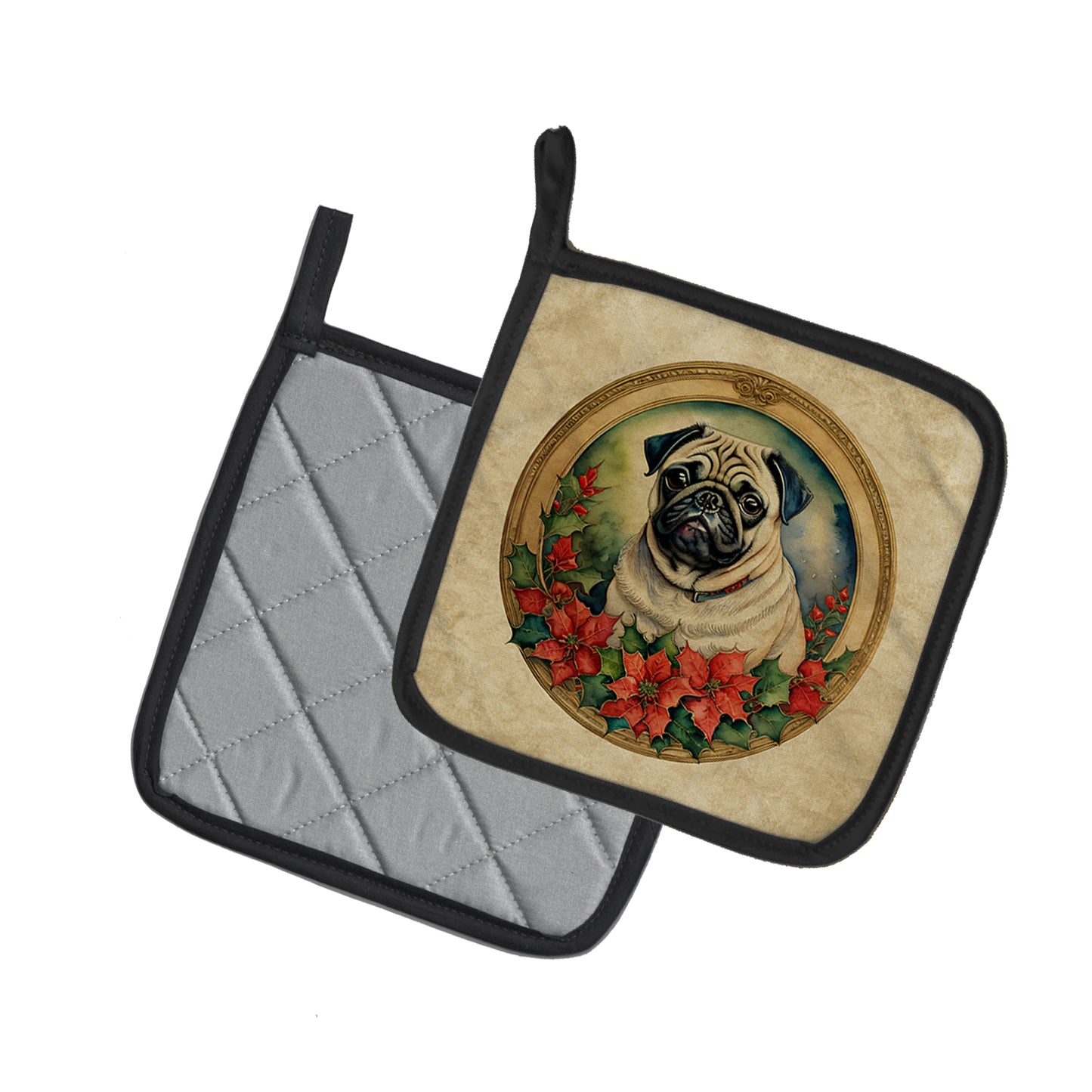 Pug Christmas Flowers Pair of Pot Holders