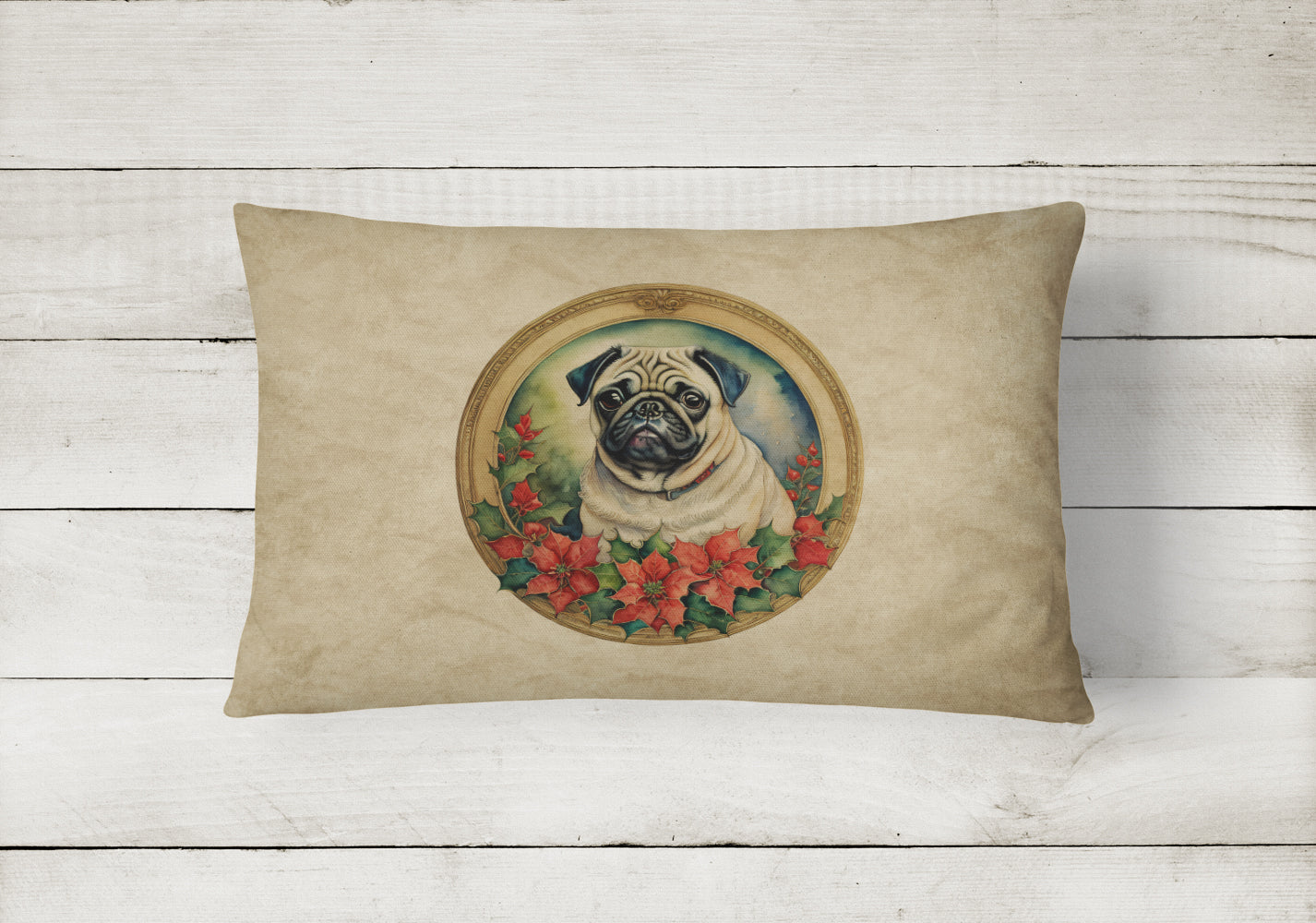 Pug Christmas Flowers Throw Pillow