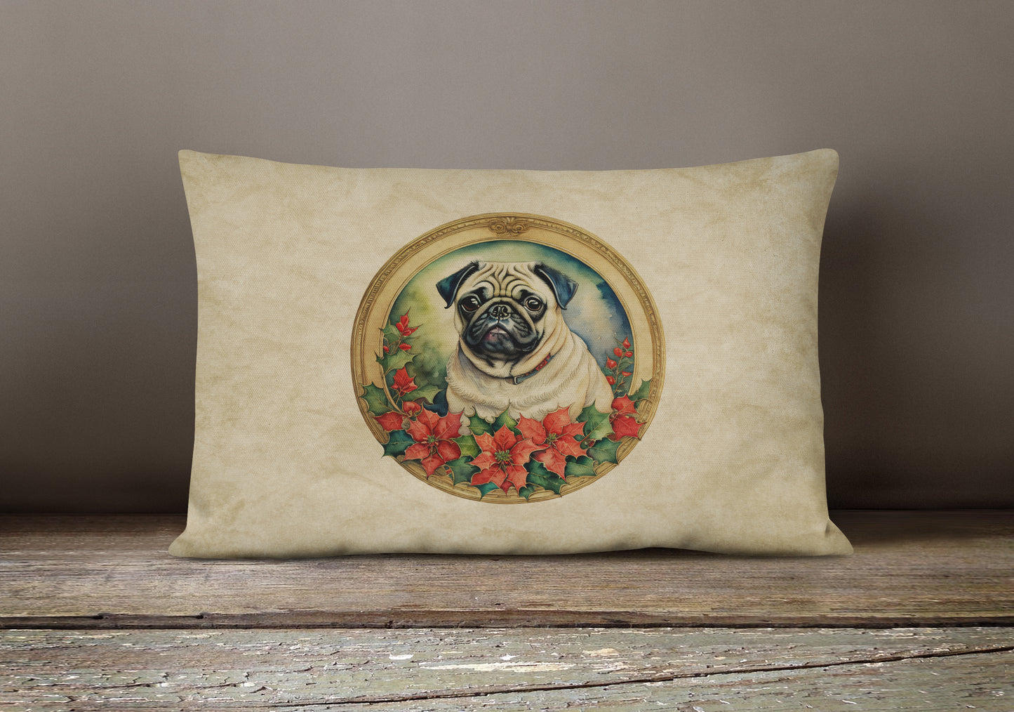 Pug Christmas Flowers Throw Pillow