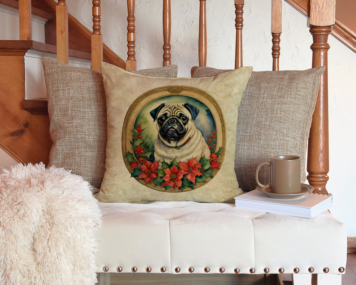 Pug Christmas Flowers Throw Pillow