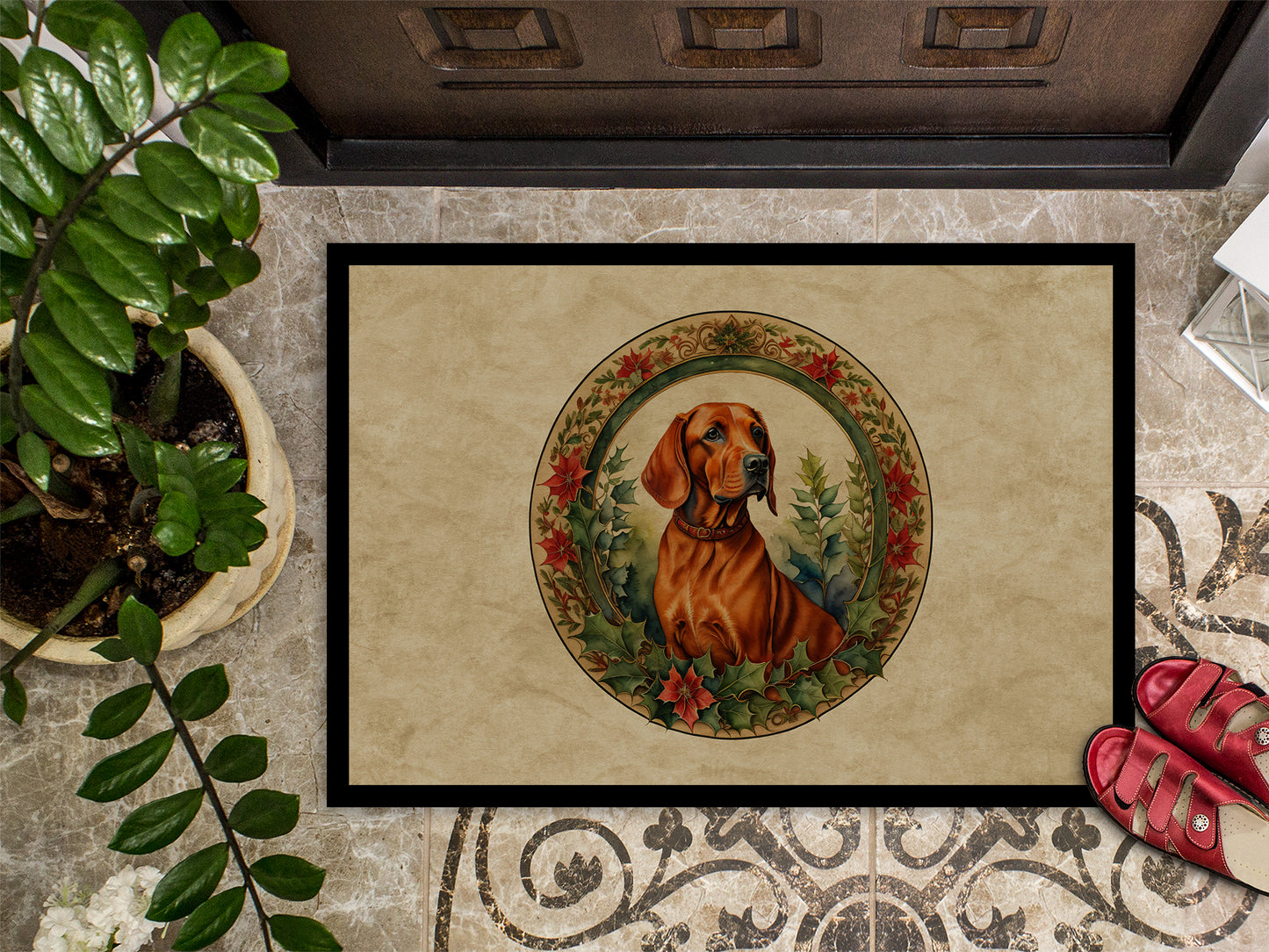 Red Redbone Coonhound Christmas Flowers Doormat